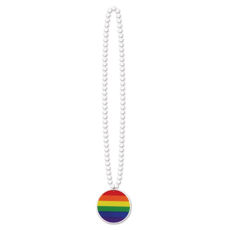 12 Pack Beistle Bead Necklace with Printed Rainbow Party Medallion